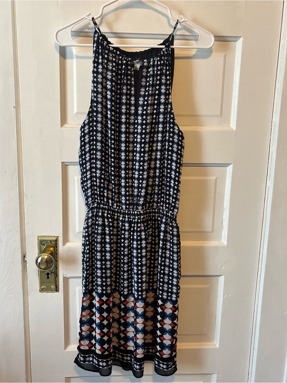 Max Studio Navy and White Geometric Midi Dress with Contrast Hem